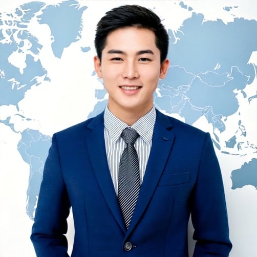 Firefly Exchange student. Blue business cloth. white world map background 57126